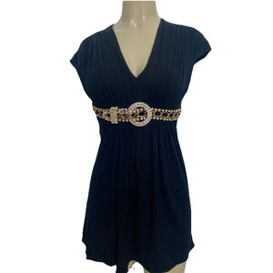 SKY Dress V neck Cap sleeve Jersey Mini Flare Tunic Black Crystal Gold Belt XS
